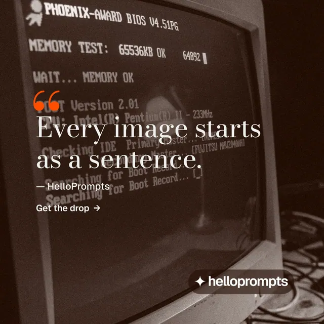 Instagram post for HelloPrompts: "Copy it free." Minimal luxury style, quote layout, dark palette in orange, grey, black.
