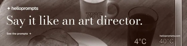LinkedIn banner for HelloPrompts: "Say it like an art director." Minimal luxury style, poster layout, dark palette in grey, orange.