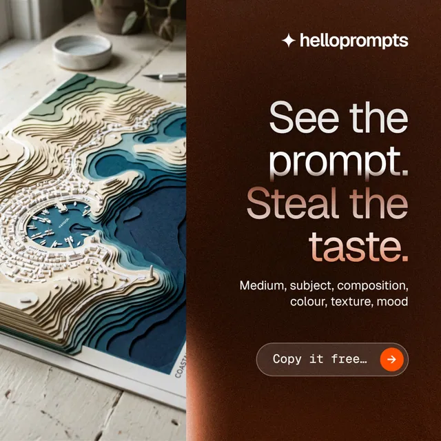 Instagram post for HelloPrompts: "See the prompt. Steal the taste." Agentic glass style, right layout, dark palette in grey, black, orange.