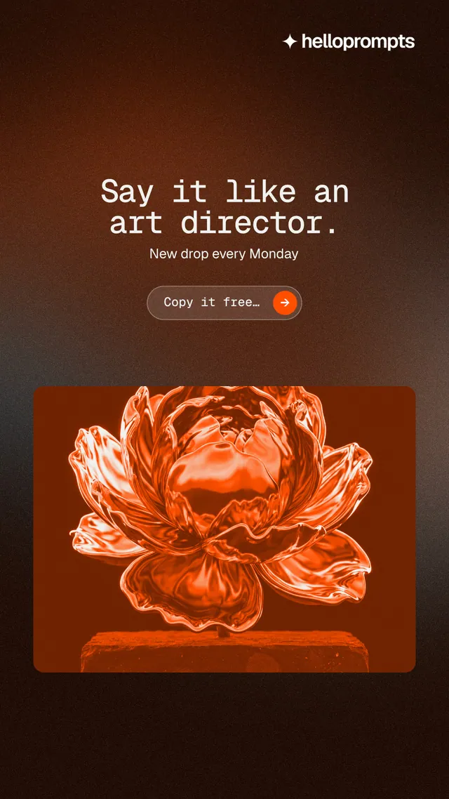 Instagram story for HelloPrompts: "Say it like an art director." Agentic glass style, centred layout, dark palette in orange, black, brown.