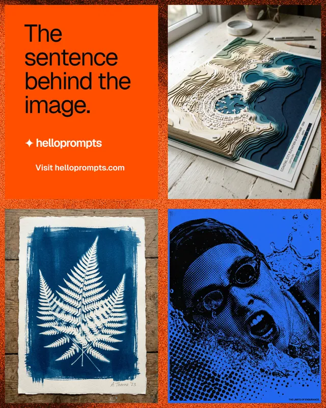 Instagram portrait post for HelloPrompts: "The sentence behind the image." Swiss style, collage layout, dark palette in orange, blue, grey.