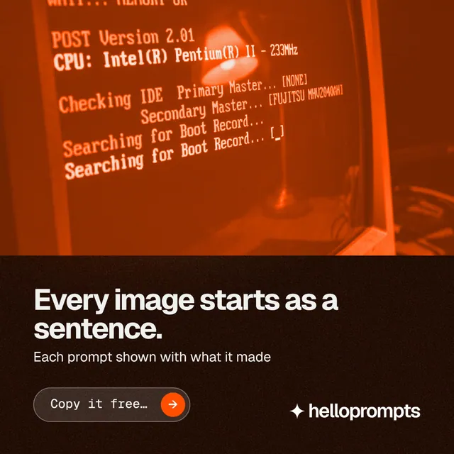 Instagram post for HelloPrompts: "Every image starts as a sentence." Agentic glass style, bottom layout, dark palette in black, orange, brown.