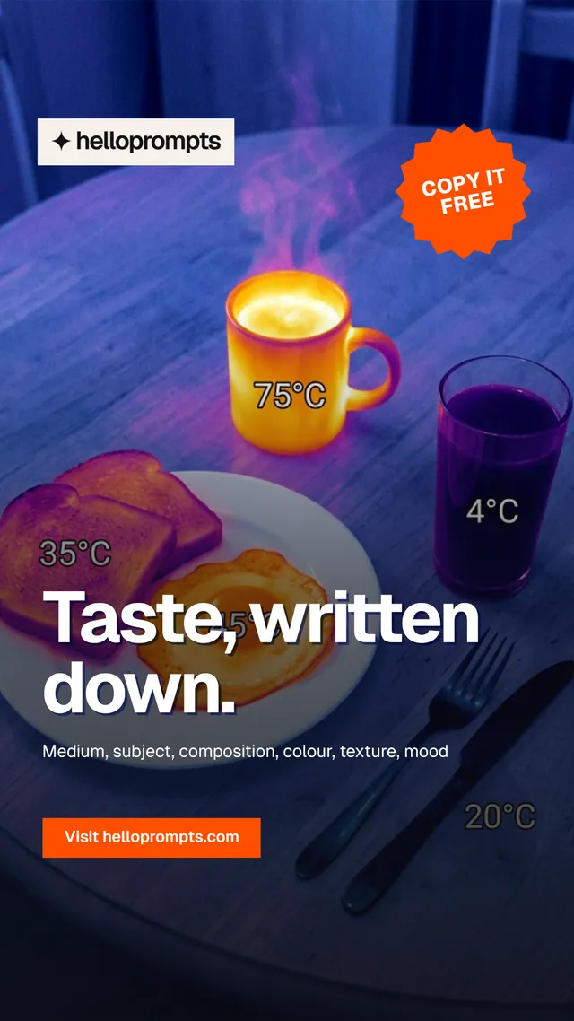 Instagram story for HelloPrompts: "Taste, written down." Swiss style, sticker layout, dark palette in blue, purple, orange.