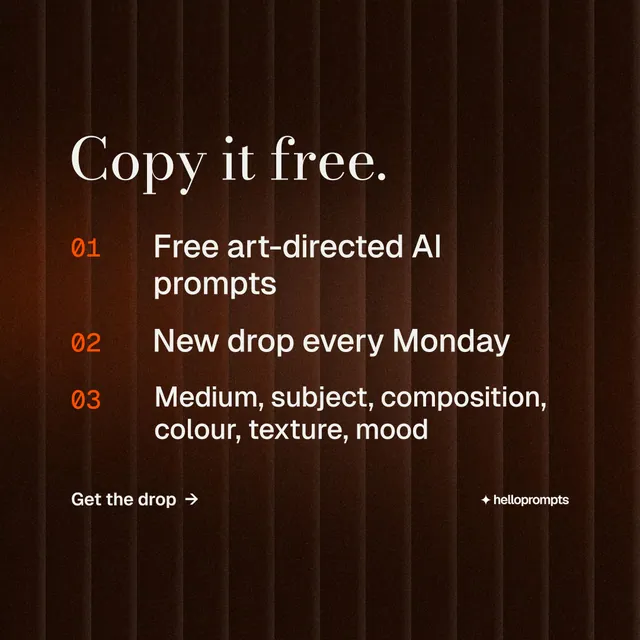 Instagram post for HelloPrompts: "Copy it free." Minimal luxury style, numbered layout, dark palette in black, orange.