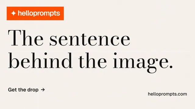 Landscape graphic for HelloPrompts: "The sentence behind the image." Minimal luxury style, poster layout, light palette in white, orange.