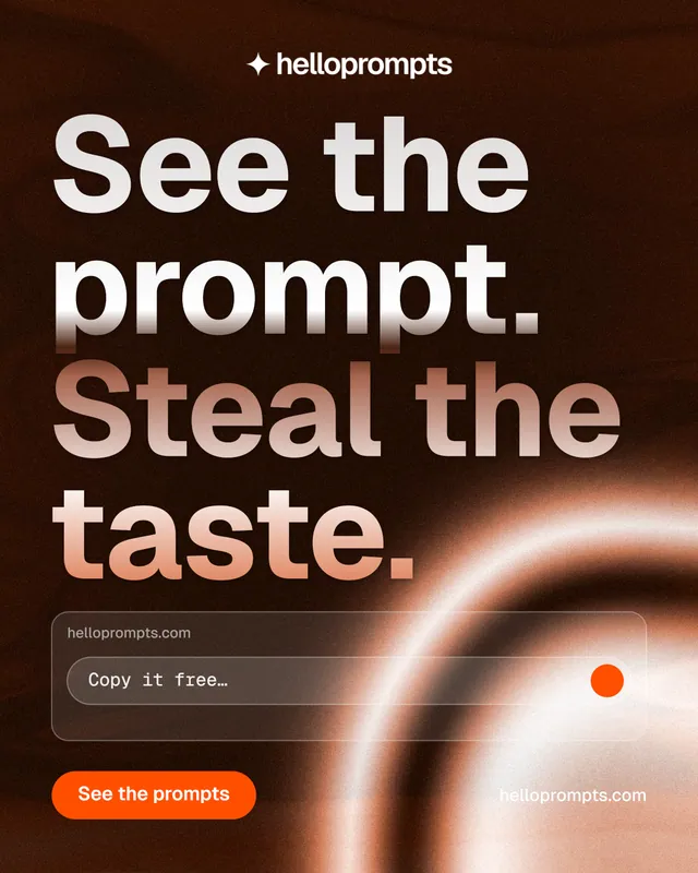 Instagram portrait post for HelloPrompts: "See the prompt. Steal the taste." Y2K style, poster layout, dark palette in black, orange.