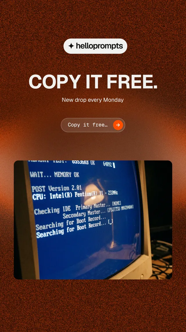 Instagram story for HelloPrompts: "Copy it free." Agentic glass style, centred layout, dark palette in orange, grey, pink.