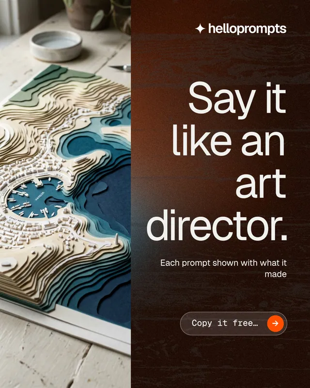 Instagram portrait post for HelloPrompts: "Say it like an art director." Agentic glass style, right layout, dark palette in black, grey, orange.
