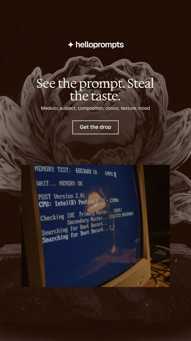 Instagram story for HelloPrompts: "See the prompt. Steal the taste." Editorial style, centred layout, dark palette in black, grey.