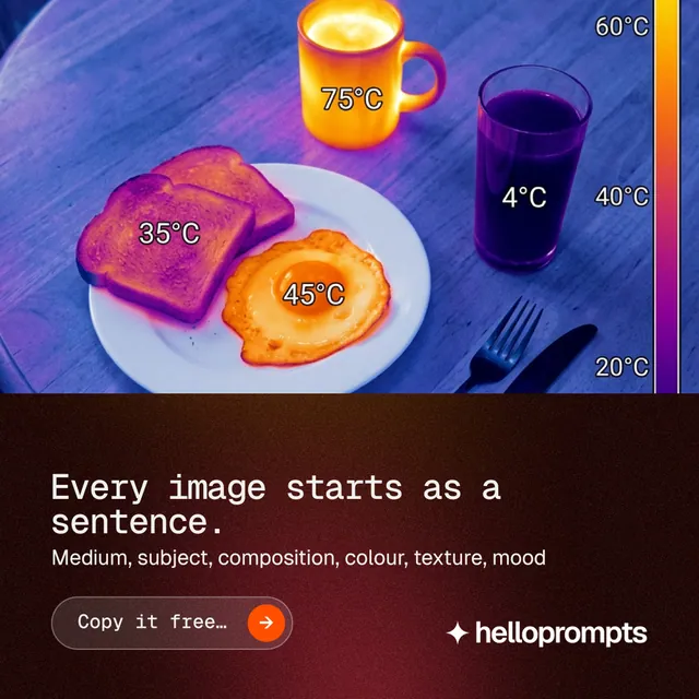 Instagram post for HelloPrompts: "Every image starts as a sentence." Agentic glass style, bottom layout, dark palette in blue, black, grey.