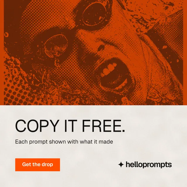 Instagram post for HelloPrompts: "Copy it free." Retro print style, bottom layout, light palette in orange.