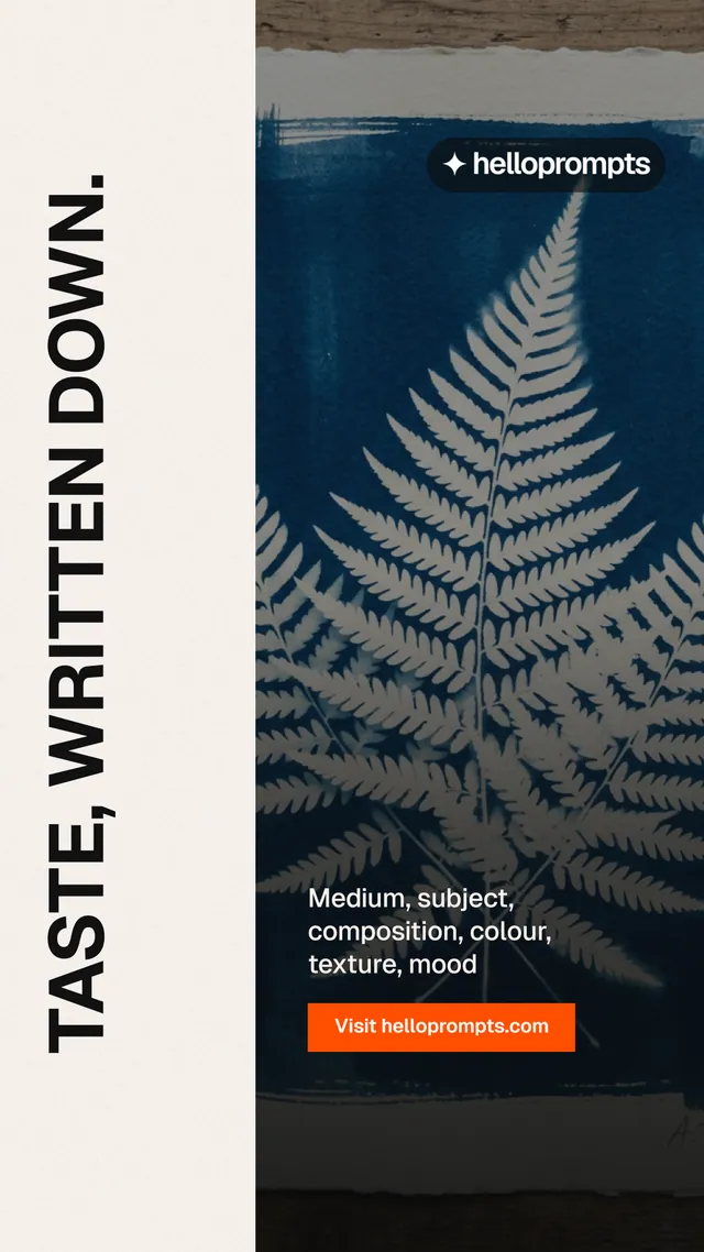 Instagram story for HelloPrompts: "Taste, written down." Swiss style, vertical layout, light palette in black, white, grey.