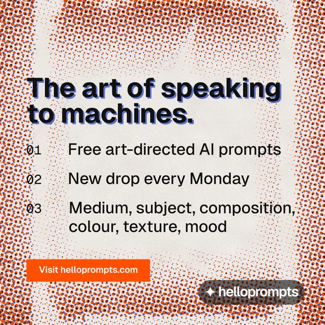 Instagram post for HelloPrompts: "The art of speaking to machines." Retro print style, numbered layout, light palette in red, orange.