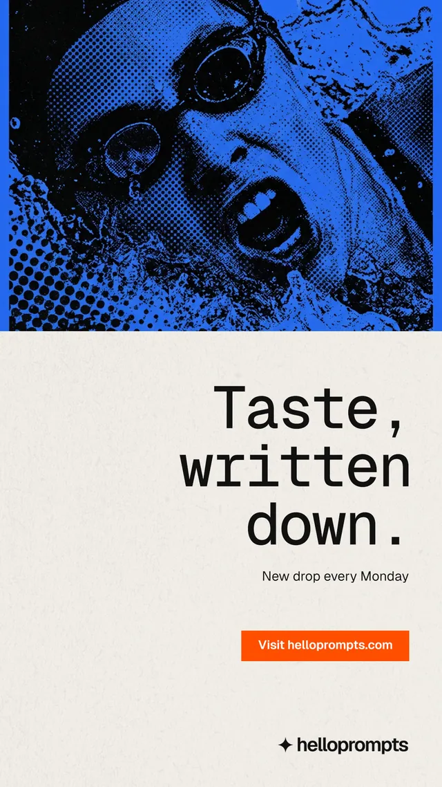 Instagram story for HelloPrompts: "Taste, written down." Swiss style, right layout, light palette in yellow, blue, white.