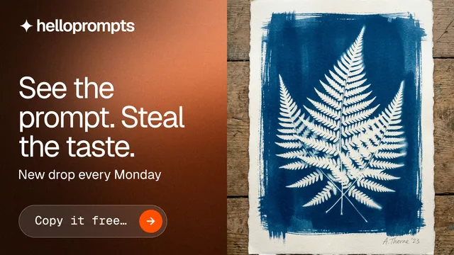 Landscape graphic for HelloPrompts: "See the prompt. Steal the taste." Agentic glass style, bottom layout, dark palette in orange, blue, white.