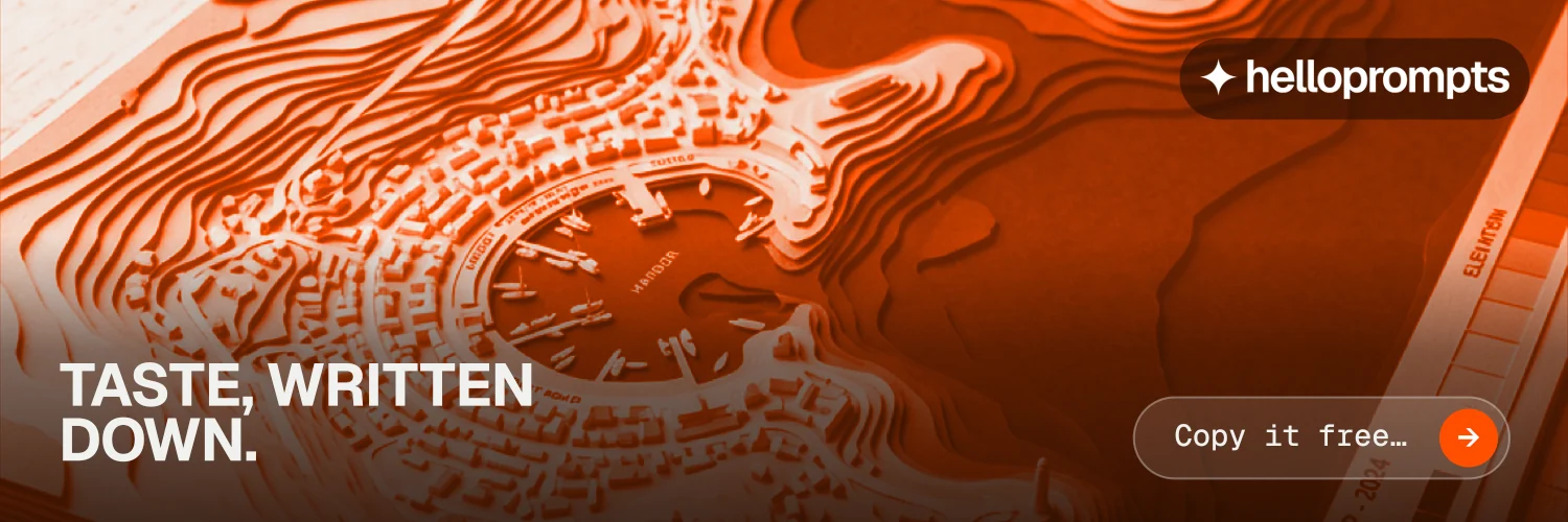 X header for HelloPrompts: "Taste, written down." Agentic glass style, image led layout, dark palette in orange, brown.