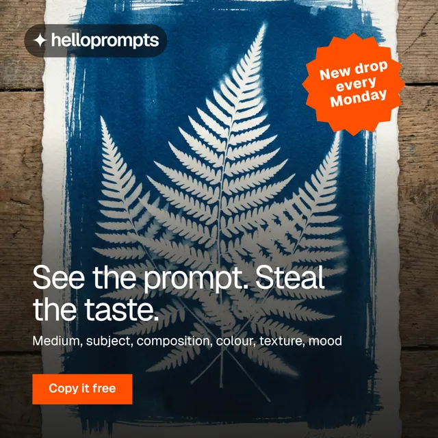 Instagram post for HelloPrompts: "See the prompt. Steal the taste." Swiss style, sticker layout, dark palette in blue, black, grey.