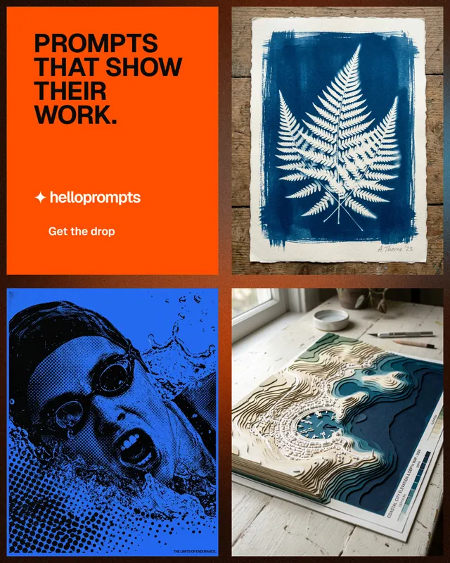 Instagram portrait post for HelloPrompts: "Prompts that show their work." Swiss style, collage layout, dark palette in blue, red, grey.