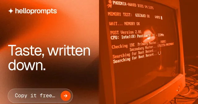 Social ad for HelloPrompts: "Taste, written down." Agentic glass style, bottom layout, dark palette in orange.