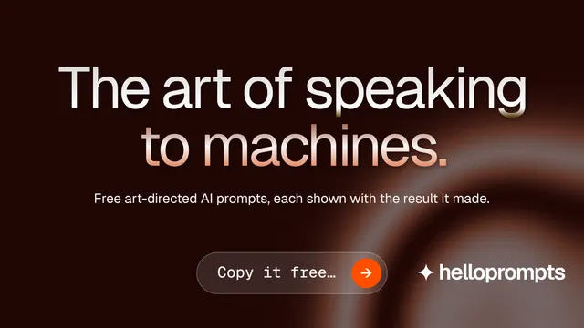 Landscape graphic for HelloPrompts: "The art of speaking to machines." Agentic glass style, centred layout, dark palette in black, grey, red.