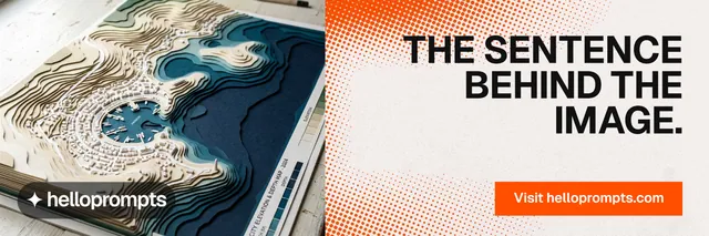 X header for HelloPrompts: "The sentence behind the image." Swiss style, right layout, light palette in orange, grey, white.