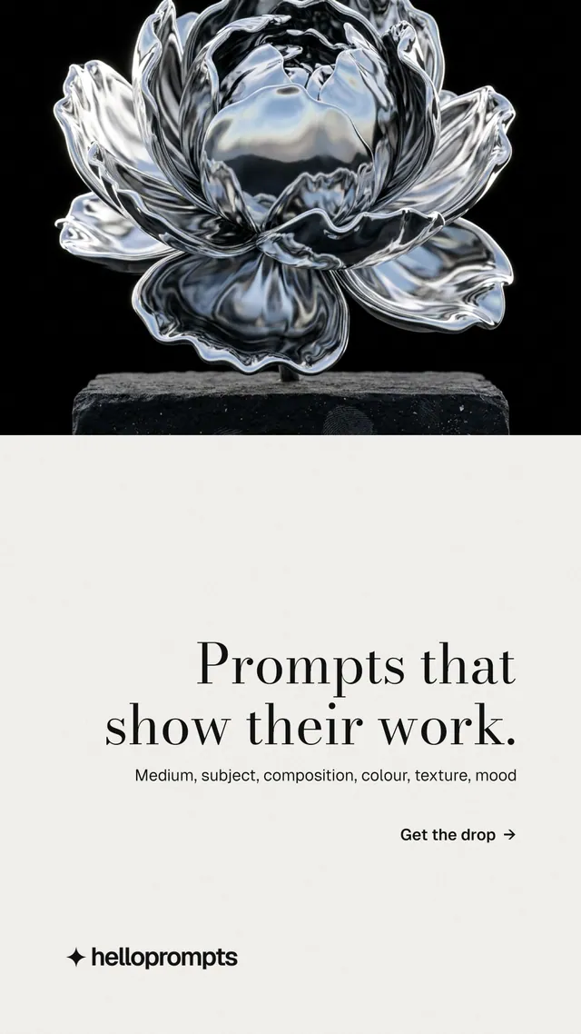Instagram story for HelloPrompts: "Prompts that show their work." Minimal luxury style, right layout, light palette in white, black, grey.