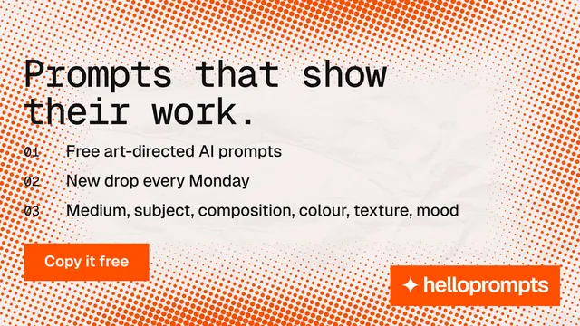 Landscape graphic for HelloPrompts: "Prompts that show their work." Split block style, numbered layout, light palette in orange, white.