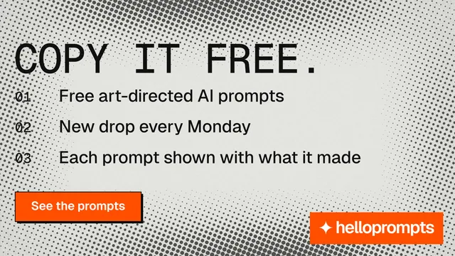 Landscape graphic for HelloPrompts: "Copy it free." Brutalist style, numbered layout, light palette in grey, white, brown.