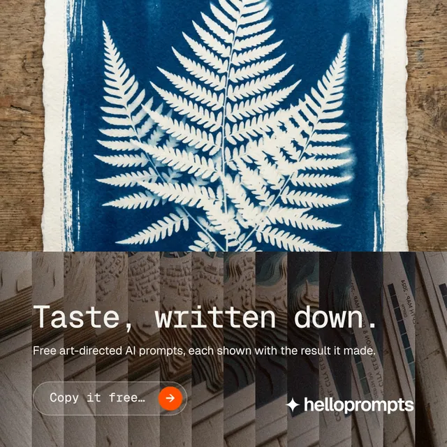 Instagram post for HelloPrompts: "Taste, written down." Agentic glass style, bottom layout, dark palette in blue, grey, white.