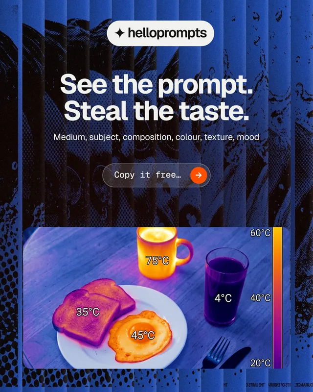 Instagram portrait post for HelloPrompts: "See the prompt. Steal the taste." Agentic glass style, centred layout, dark palette in blue, black, grey.
