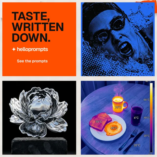 Instagram post for HelloPrompts: "Taste, written down." Swiss style, collage layout, dark palette in black, red, grey.
