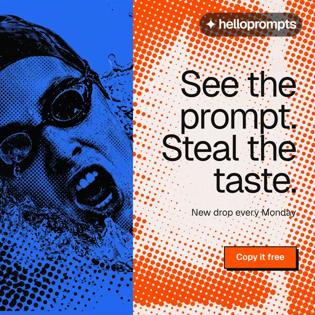 Instagram post for HelloPrompts: "See the prompt. Steal the taste." Brutalist style, right layout, light palette in blue, red, orange.