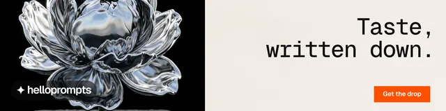 LinkedIn banner for HelloPrompts: "Taste, written down." Swiss style, right layout, light palette in grey, black, white.