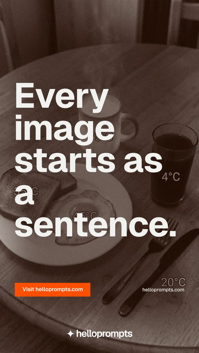 Instagram story for HelloPrompts: "Every image starts as a sentence." Swiss style, poster layout, dark palette in orange, grey.
