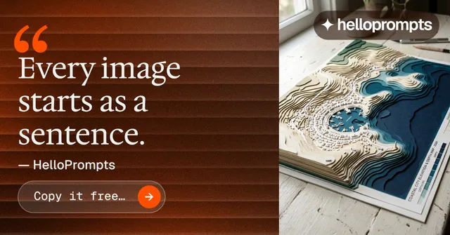 Social ad for HelloPrompts: "The sentence behind the image." Agentic glass style, quote layout, dark palette in orange, white, grey.