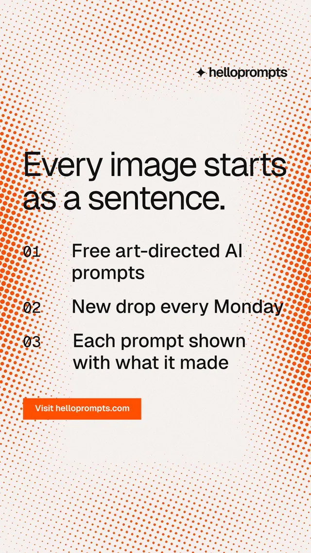 Instagram story for HelloPrompts: "Every image starts as a sentence." Swiss style, numbered layout, light palette in orange, white.