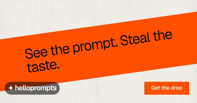 Social ad for HelloPrompts: "See the prompt. Steal the taste." Swiss style, diagonal layout, light palette in yellow, orange.