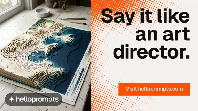 Landscape graphic for HelloPrompts: "Say it like an art director." Split block style, right layout, light palette in grey, orange, white.