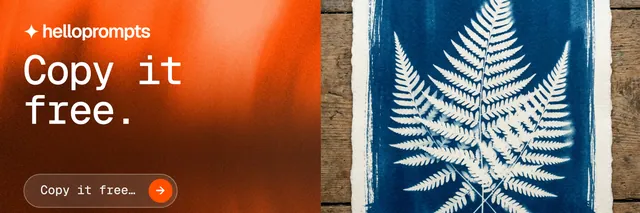 X header for HelloPrompts: "Copy it free." Agentic glass style, bottom layout, dark palette in orange, black, brown.