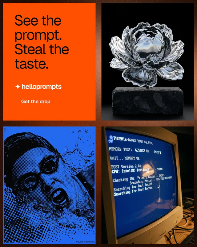 Instagram portrait post for HelloPrompts: "See the prompt. Steal the taste." Swiss style, collage layout, dark palette in black, orange, red.