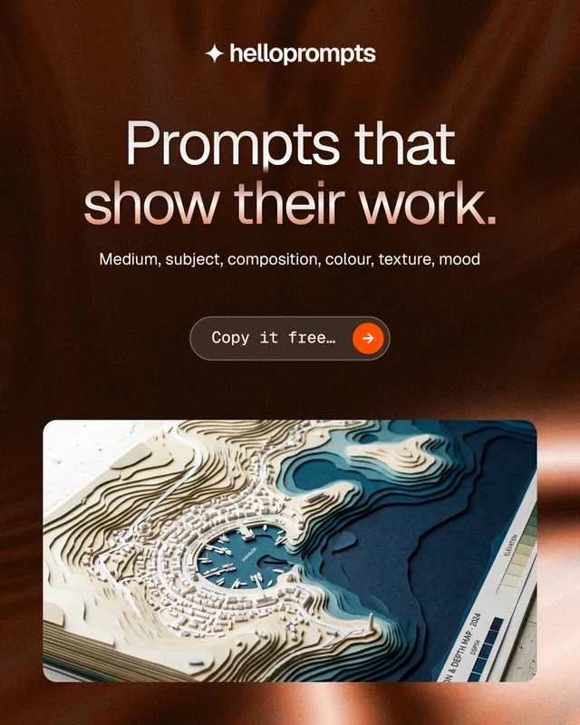 Instagram portrait post for HelloPrompts: "Prompts that show their work." Agentic glass style, centred layout, dark palette in black, orange, grey.