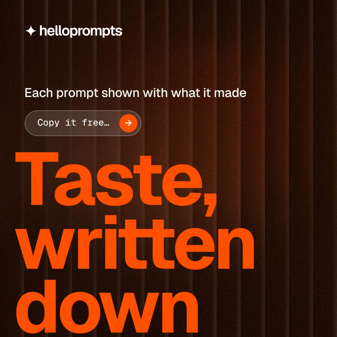 Instagram post for HelloPrompts: "Every image starts as a sentence." Agentic glass style, oversized layout, dark palette in orange, black.