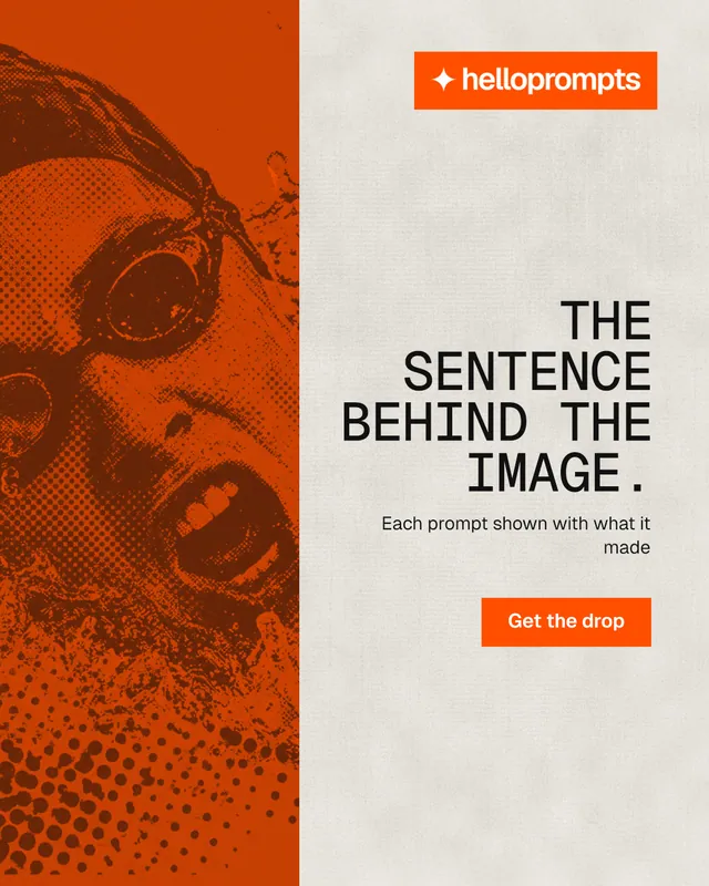 Instagram portrait post for HelloPrompts: "The sentence behind the image." Retro print style, right layout, light palette in white, orange.