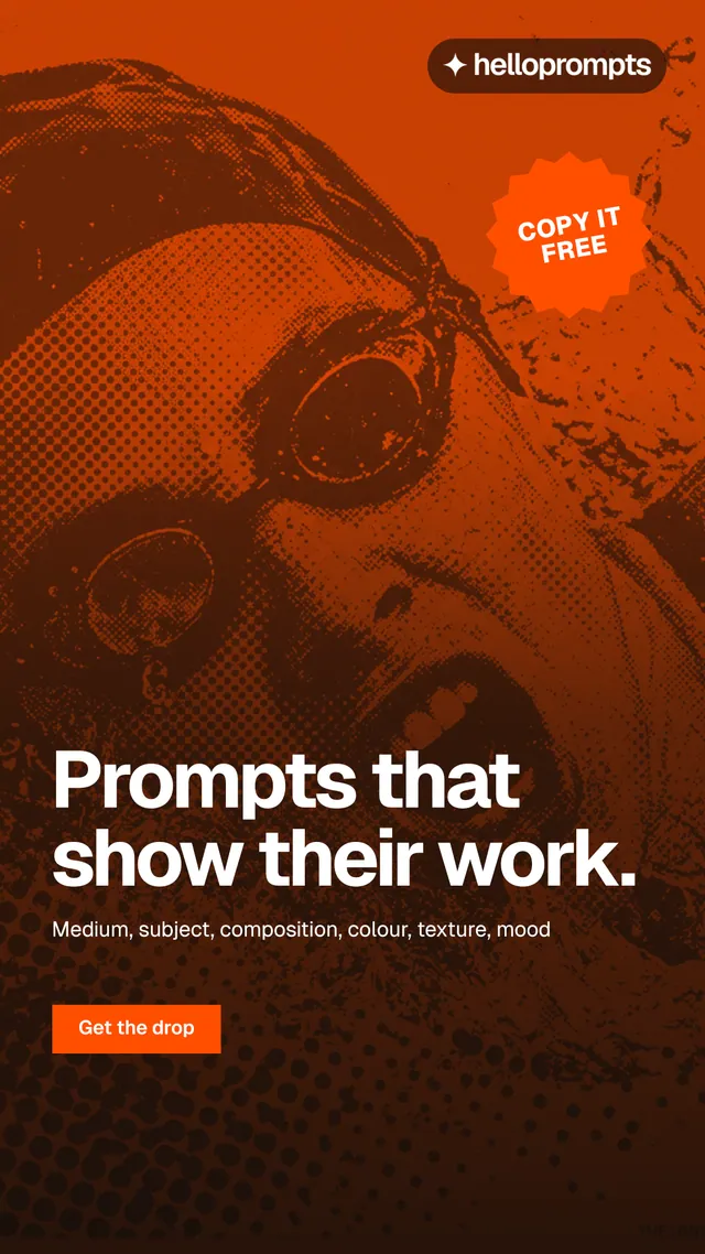 Instagram story for HelloPrompts: "Prompts that show their work." Swiss style, sticker layout, dark palette in black, orange, brown.