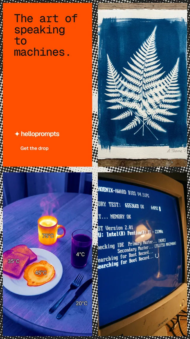 Instagram story for HelloPrompts: "The art of speaking to machines." Swiss style, collage layout, dark palette in blue, red, grey.