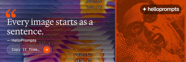 X header for HelloPrompts: "Copy it free." Agentic glass style, quote layout, dark palette in orange, pink, grey.