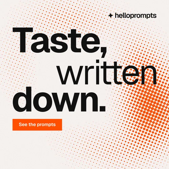 Instagram post for HelloPrompts: "Taste, written down." Swiss style, stacked layout, light palette in white, orange, brown.