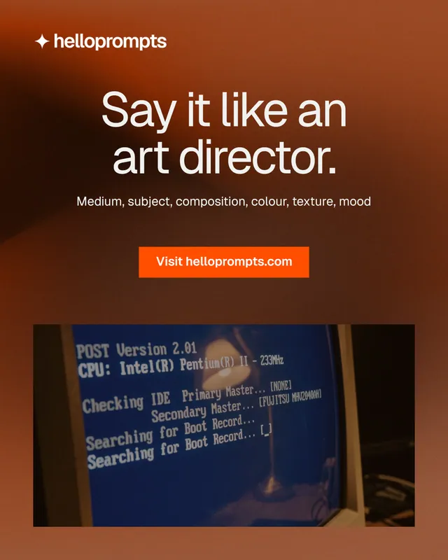 Instagram portrait post for HelloPrompts: "Say it like an art director." Swiss style, centred layout, dark palette in black, orange, brown.