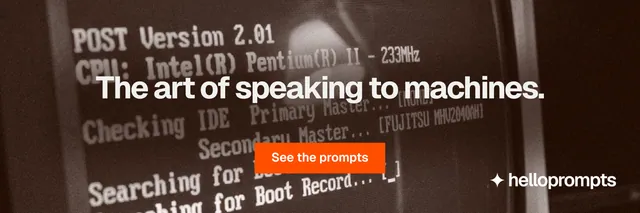 X header for HelloPrompts: "The art of speaking to machines." Swiss style, centred layout, dark palette in orange, grey, black.