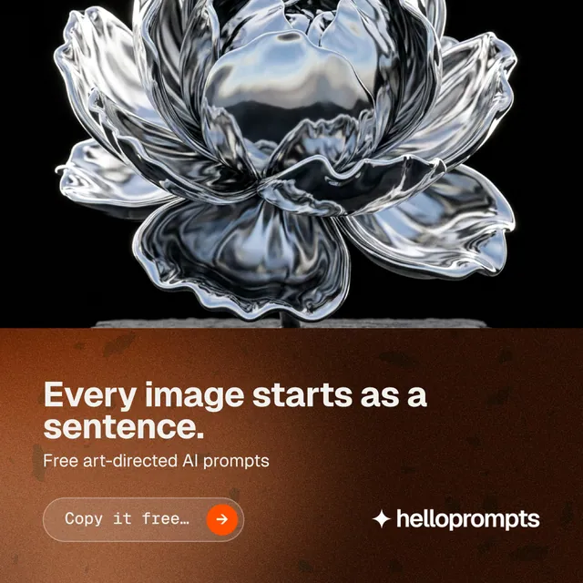Instagram post for HelloPrompts: "Every image starts as a sentence." Agentic glass style, bottom layout, dark palette in orange, black, grey.
